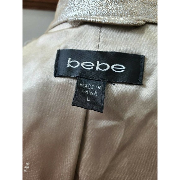Bebe Women's Metalic Beige 100% Leather Long Sleeve High Neck Front Zip Jacket L - Picture 10 of 13